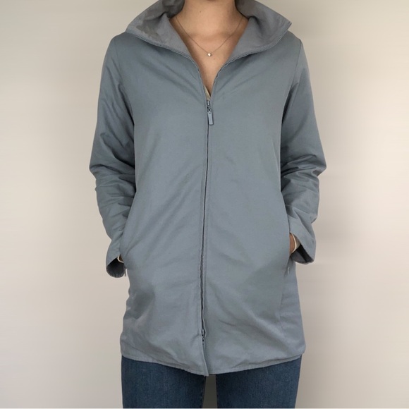 Eileen Fisher Cotton Long Jacket Zip‎ Up Blue Italian Collar - Picture 2 of 9